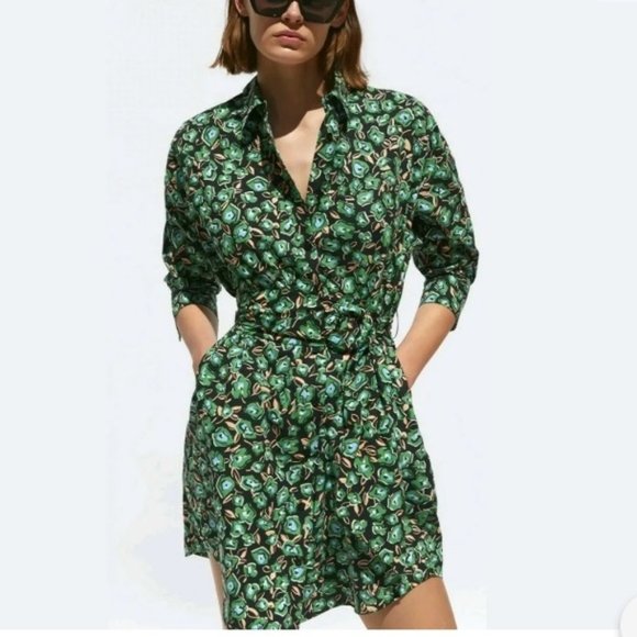 Zara Dresses Zara Floral Print Shirt Dress Xs Short Cotton Tunic
